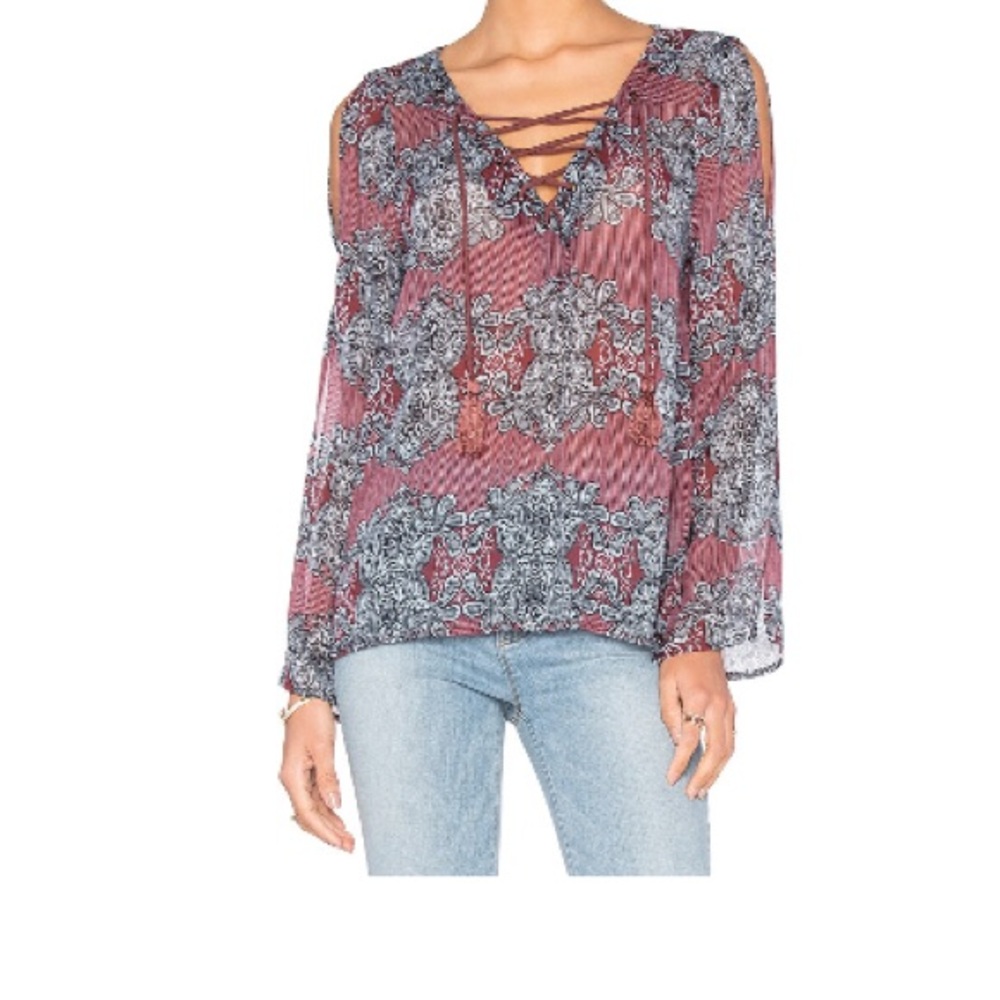 Line & Dot Maroon and Blue Smocked Blouse with Tie Front